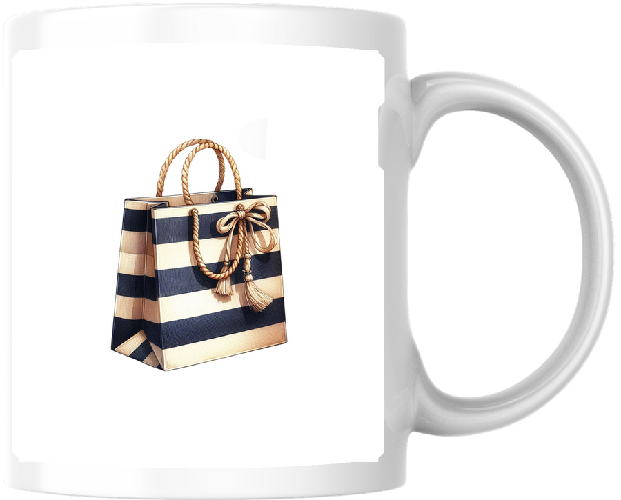 Nautical Striped Tote Bag Mug | Navy Stripe Beach Coffee Mug | Coastal Summer Gift