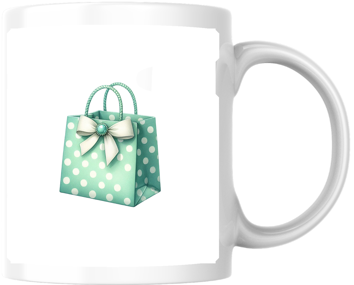 Polka Dot Gift Bag Mug | Pastel Mint Bow Coffee Mug | Cute Birthday Gift