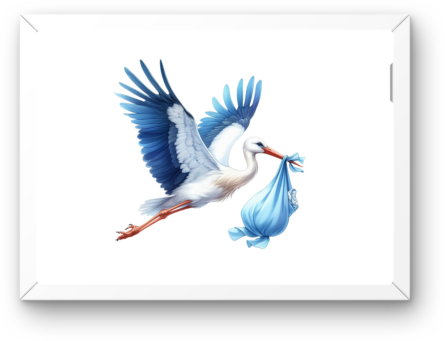 Stork Carrying Baby Bundle Wall Art | Soft Watercolor Blue Print | New Baby Boy Gift