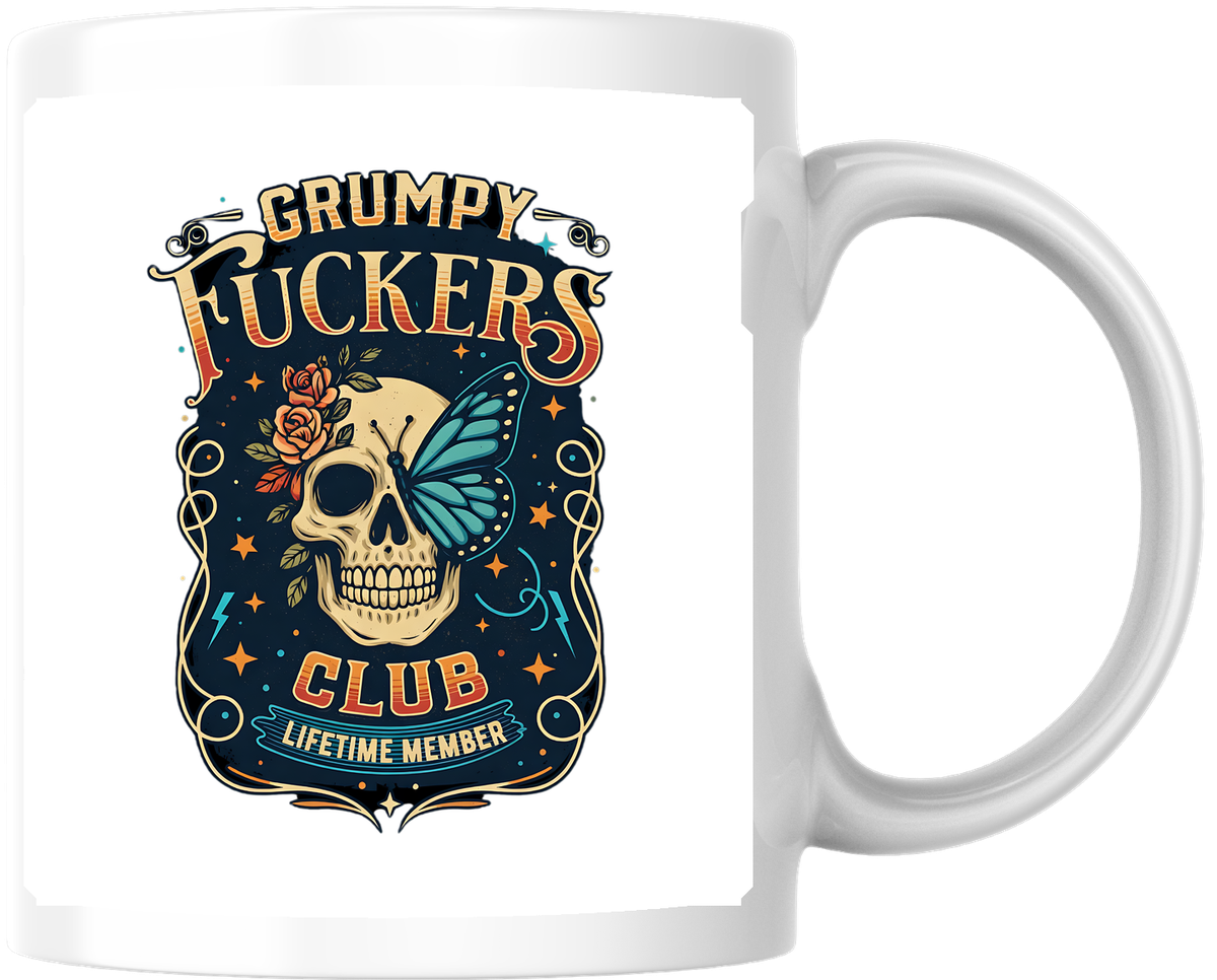 Grumpy Fuckers Club Skull Mug | Vintage Gothic Butterfly Coffee Mug | Edgy Humor Gift