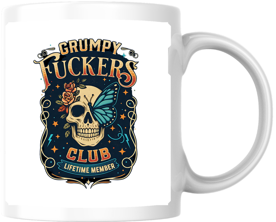 Grumpy Fuckers Club Skull Mug | Vintage Gothic Butterfly Coffee Mug | Edgy Humor Gift