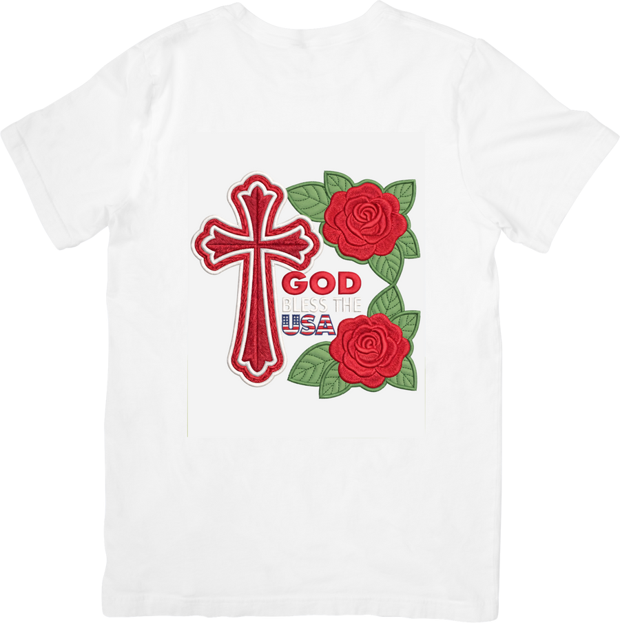 God Bless The USA Cross Patriotic Christian Roses Graphic Tee Faith Freedom Gift