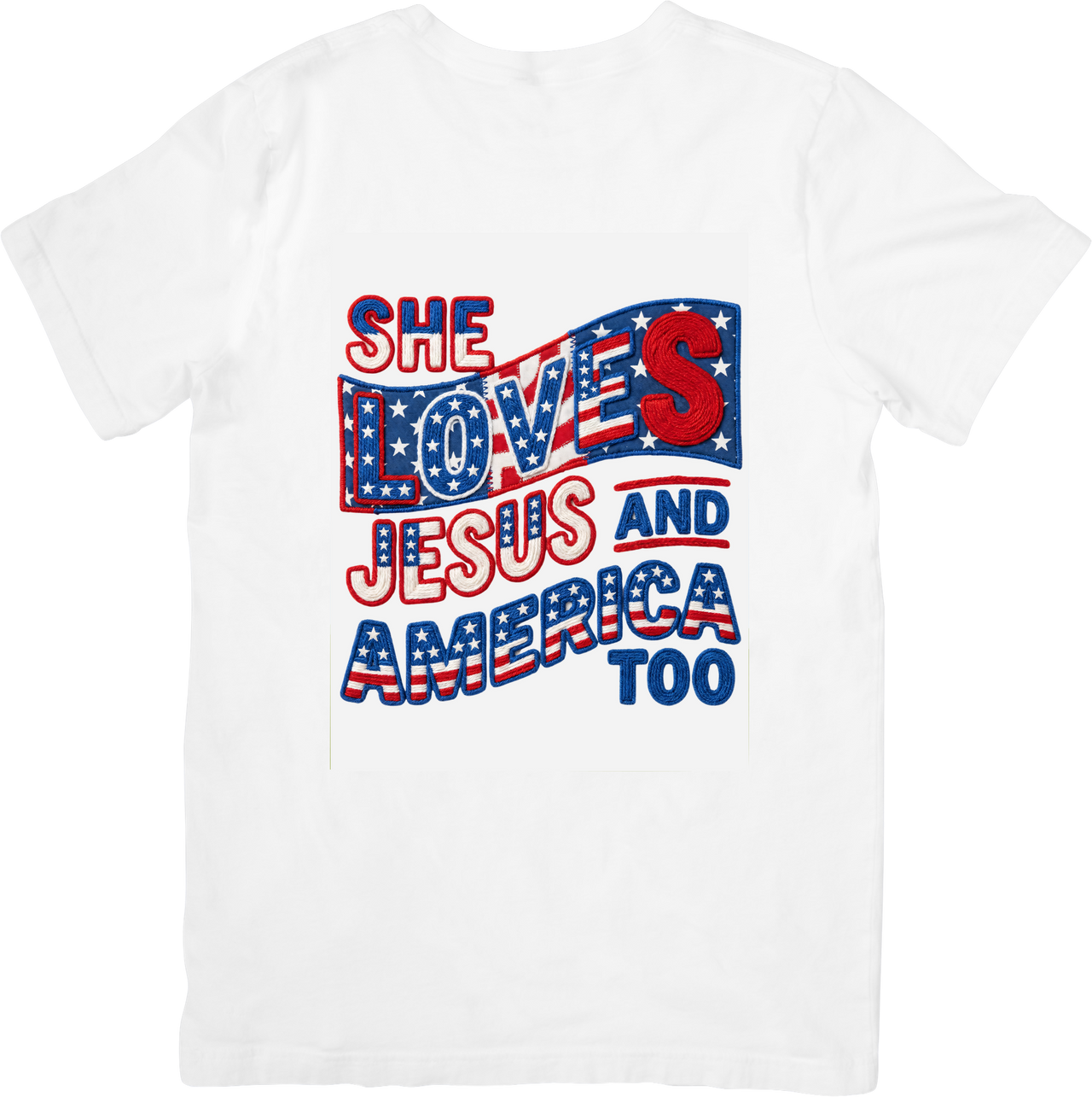 She Loves Jesus And America Patriotic Christian Flag Graphic Tee Fourth of July Gift