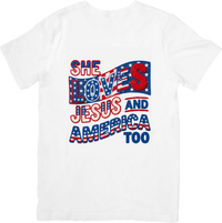 Thumbnail for She Loves Jesus And America Patriotic Christian Flag Graphic Tee Fourth of July Gift