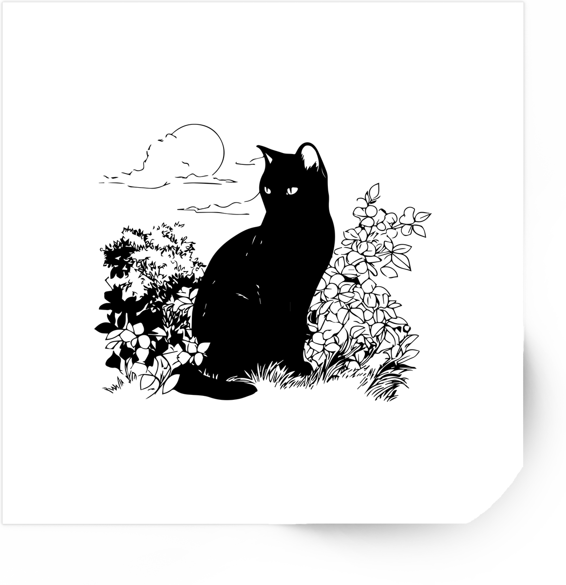 Black Cat In Garden Sticker | Hand-Drawn Floral Moon Vinyl Decal | Cat Lover Gift