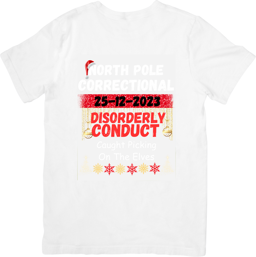 North Pole Correctional Facility Disorderly Conduct Caught Picking On Elves Christmas Tee