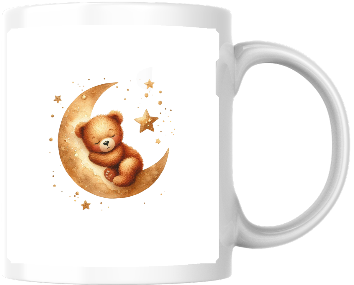 Teddy Bear On Moon Mug | Cozy Watercolor Crescent Coffee Mug | Baby Nursery Gift