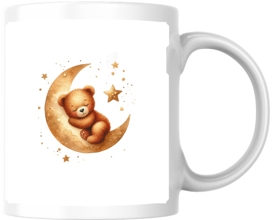 Teddy Bear On Moon Mug | Cozy Watercolor Crescent Coffee Mug | Baby Nursery Gift