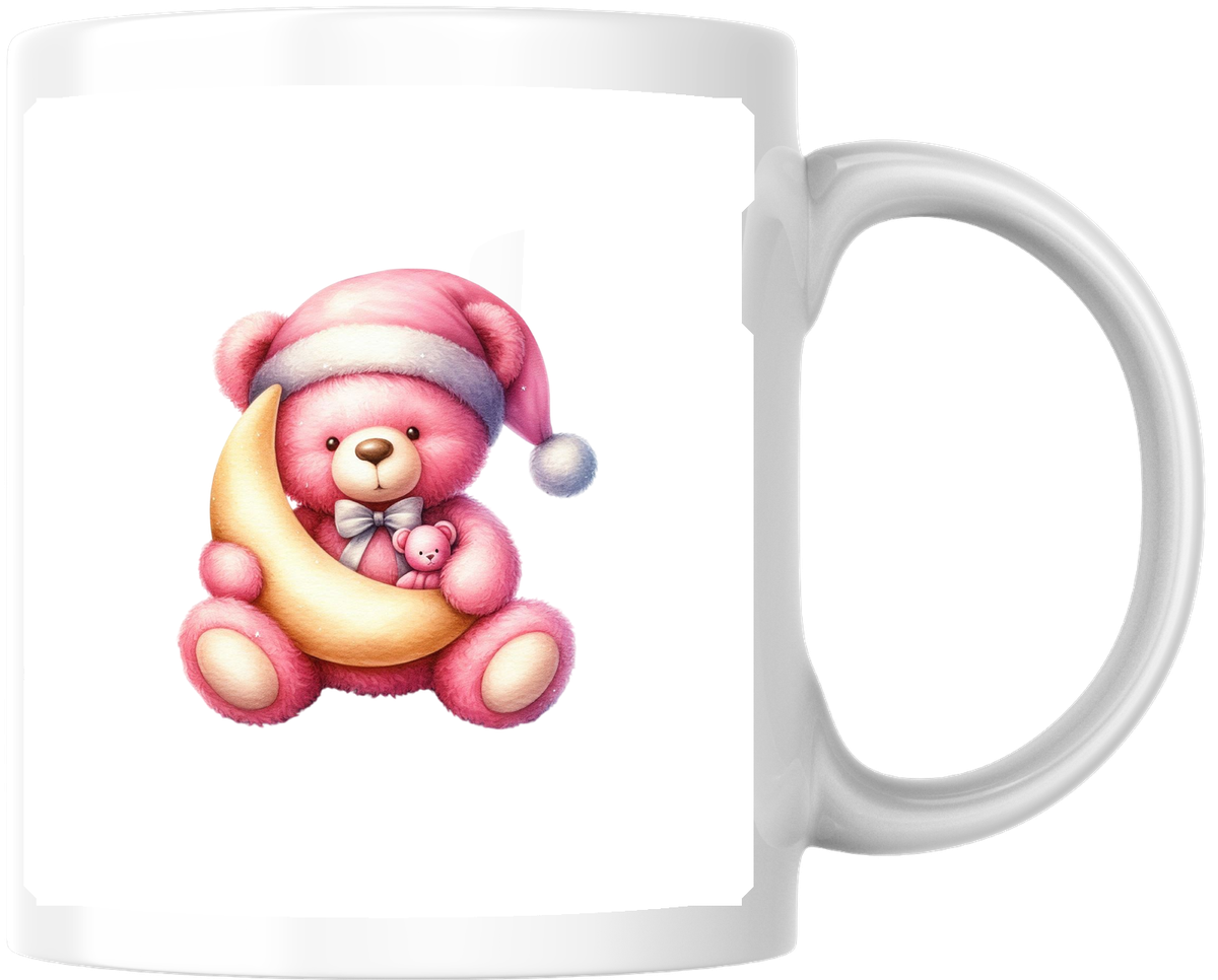 Pink Teddy Bear On Moon Mug | Cute Watercolor Sleepy Coffee Mug | Baby Girl Nursery Gift