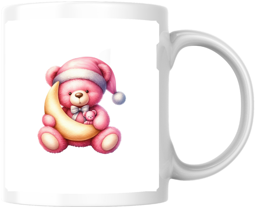 Pink Teddy Bear On Moon Mug | Cute Watercolor Sleepy Coffee Mug | Baby Girl Nursery Gift